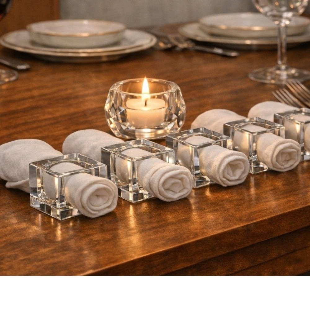 Oleg Cassini Crystal Napkin Rings & Candle Holder, Five Piece Bundle,‎ Tableware